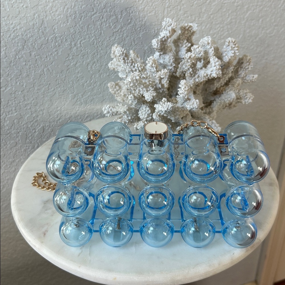 Blue Bubble Transparent Clear Box Crossbody Purse Clutch Bag with Gold Strap